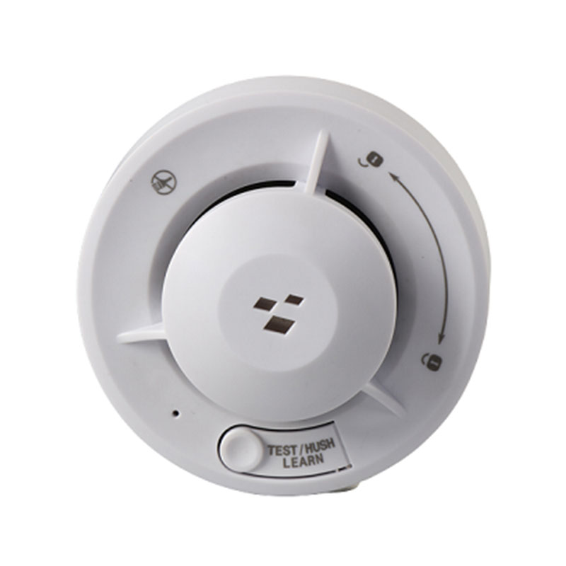 Smart Smoke Alarm with a sleek white design, featuring a central logo and a test/hush button, ensuring reliable fire safety and easy operation.