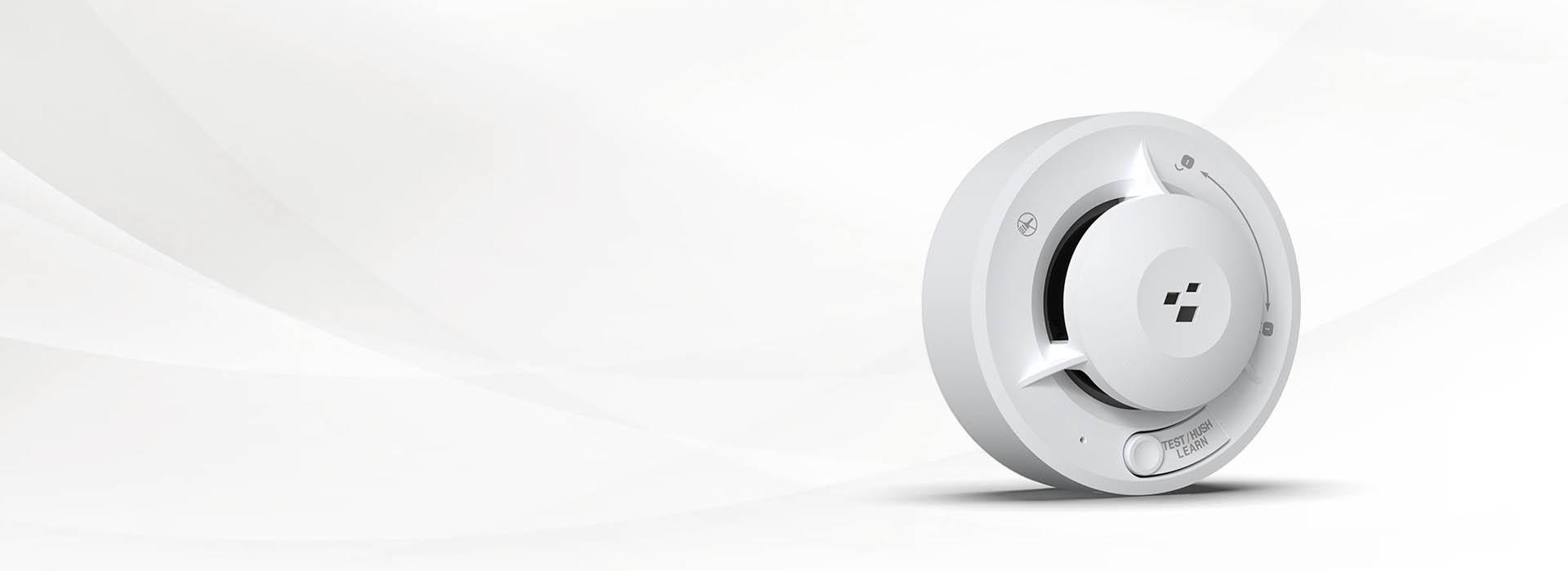 Smart Smoke Alarm with sleek design, featuring a modern circular shape and a central logo, indicating advanced technology for home safety.